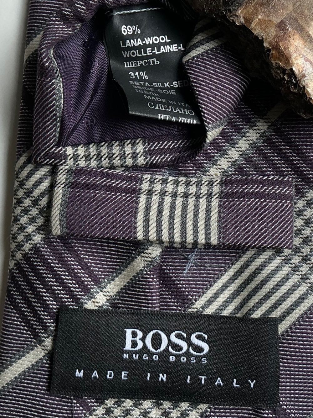 HUGO BOSS purple & gray plaid wool & Silk slim tie made in Italy 🇮🇹